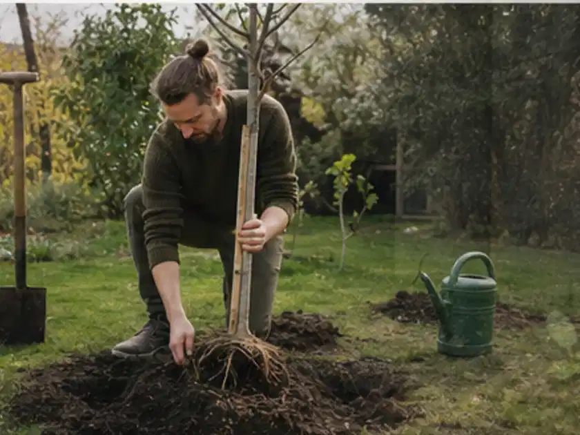 Person setzt einen jungen Zierbaum in ein vorbereitetes Pflanzloch im Garten; Thema Kirschbäume, Schwerpunkt Einsteigerwissen; Titelbild.