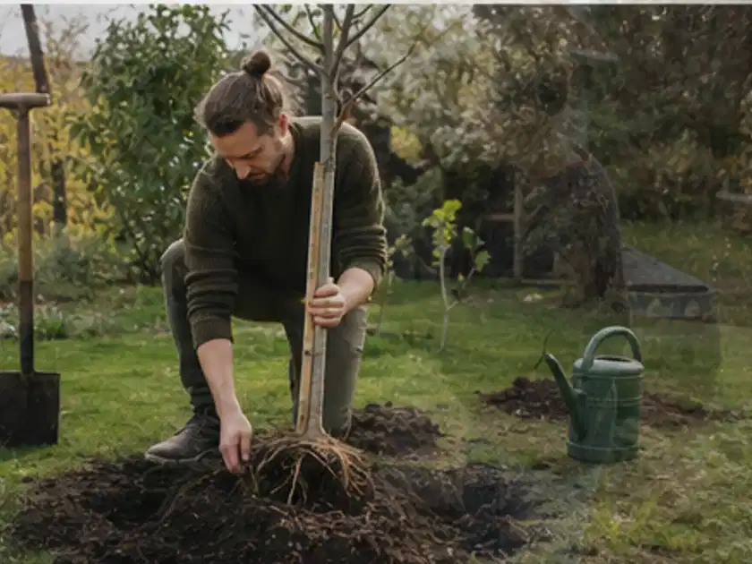 Person setzt einen jungen Zierbaum in ein vorbereitetes Pflanzloch im Garten; Thema Kirschbäume, Schwerpunkt Fehlerhilfe; Titelbild.