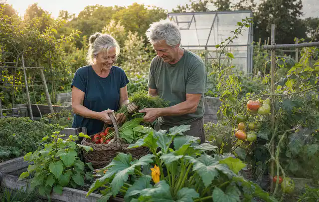 Zwei Personen ernten gemeinsam Gemüse in einem sonnigen Nutzgarten; Thema Kirschbäume, Schwerpunkt Fehlerhilfe; Umsetzung.