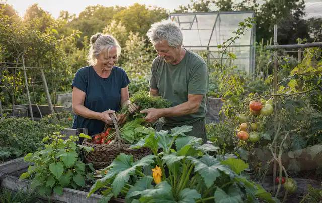 Zwei Personen ernten gemeinsam Gemüse in einem sonnigen Nutzgarten; Thema Kirschbäume, Schwerpunkt Gesundheit; Kontrolle.
