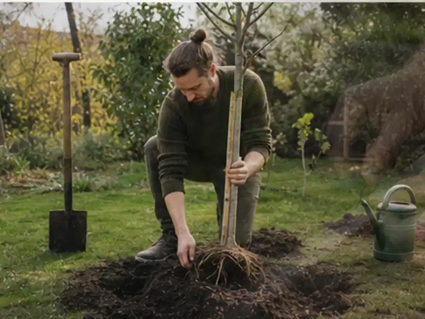 Person setzt einen jungen Zierbaum in ein vorbereitetes Pflanzloch im Garten; Thema Kirschbäume, Schwerpunkt Gewächshaus; Titelbild.