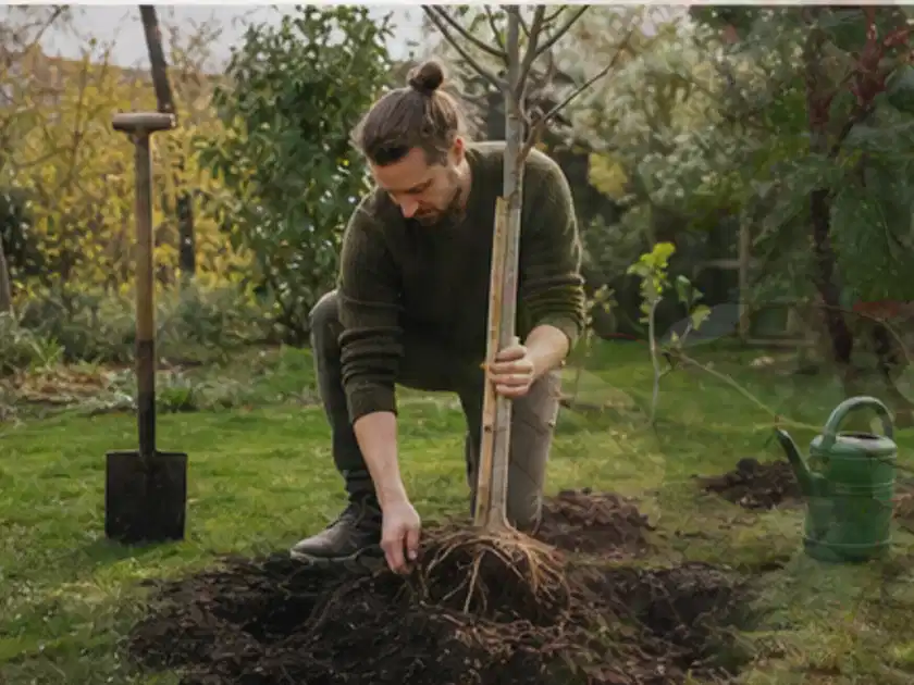 Person setzt einen jungen Zierbaum in ein vorbereitetes Pflanzloch im Garten; Thema Kirschbäume, Schwerpunkt Nährstoffe; Titelbild.