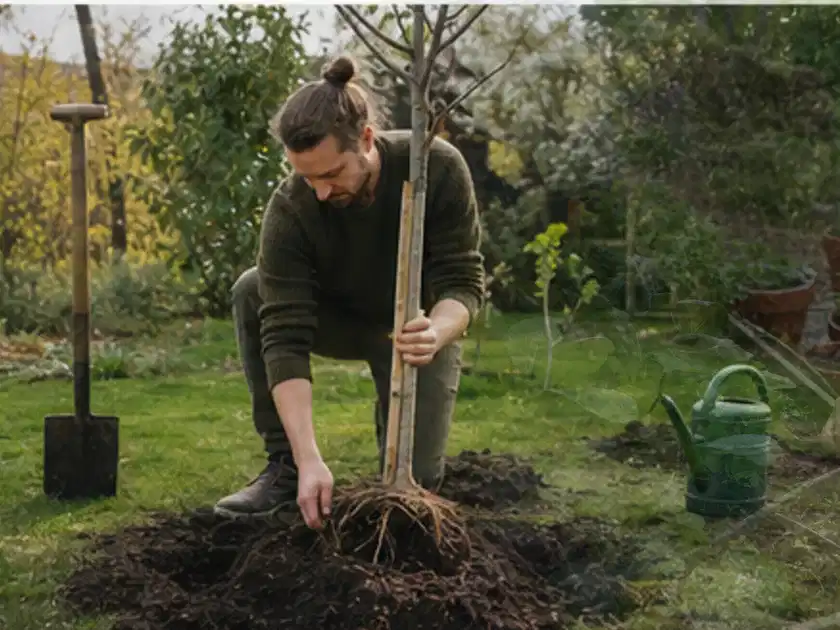 Person setzt einen jungen Zierbaum in ein vorbereitetes Pflanzloch im Garten; Thema Kirschbäume, Schwerpunkt Pflanzung; Titelbild.