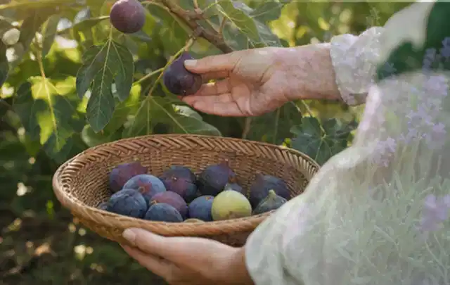 Hand pflückt eine reife Feige über einem flachen Korb mit Früchten; Thema Kirschbäume, Schwerpunkt Pflanzung; Umsetzung.