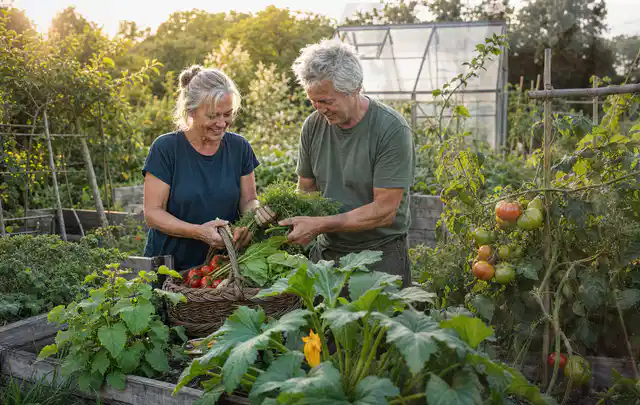 Zwei Personen ernten gemeinsam Gemüse in einem sonnigen Nutzgarten; Thema Kirschbäume, Schwerpunkt Saisonkalender; Praxisalltag.