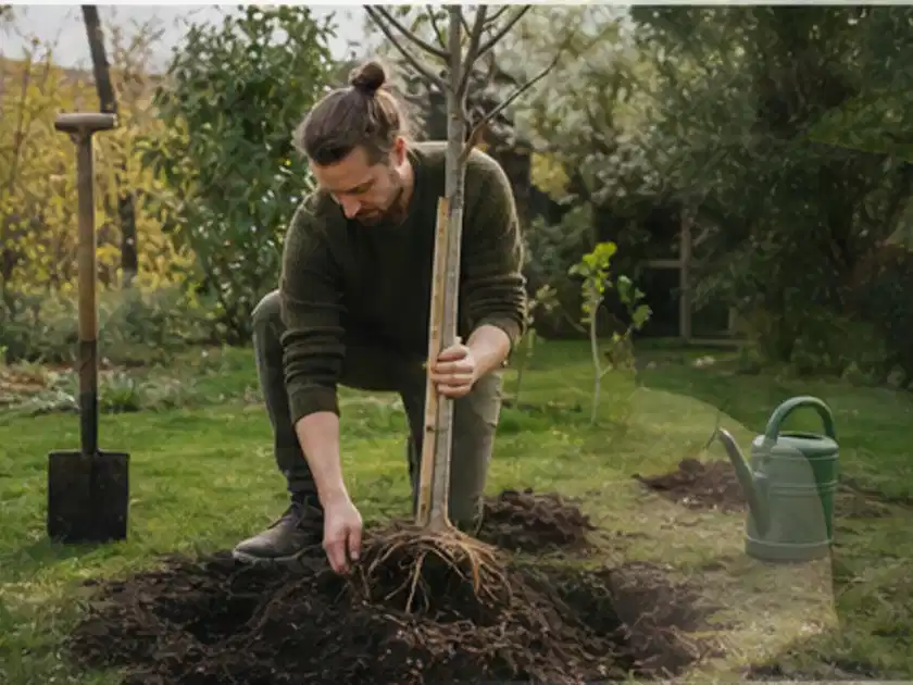 Person setzt einen jungen Zierbaum in ein vorbereitetes Pflanzloch im Garten; Thema Kirschbäume, Schwerpunkt Schnitt; Titelbild.