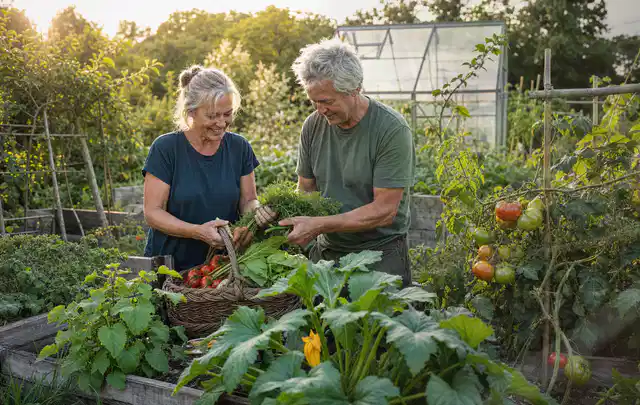 Zwei Personen ernten gemeinsam Gemüse in einem sonnigen Nutzgarten; Thema Kirschbäume, Schwerpunkt Sortenwahl; Ergebnis.