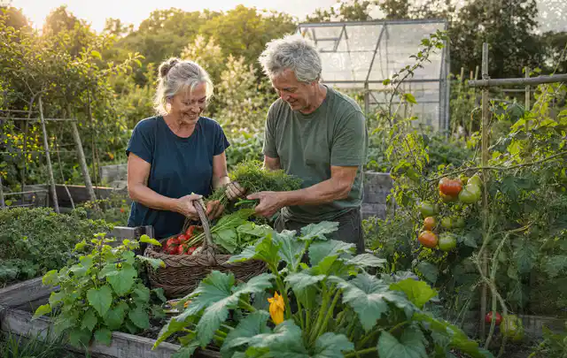 Zwei Personen ernten gemeinsam Gemüse in einem sonnigen Nutzgarten; Thema Kiwi, Schwerpunkt Einsteigerwissen; Ergebnis.