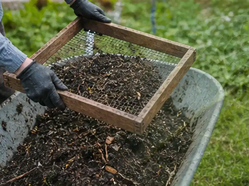 Behandschuhte Hände sieben reifen Kompost über einer Gartenschubkarre; Thema Kiwi, Schwerpunkt Ernteprobleme; Titelbild.