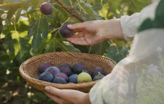 Hand pflückt eine reife Feige über einem flachen Korb mit Früchten; Thema Kiwi, Schwerpunkt Hochbeet; Praxisalltag.