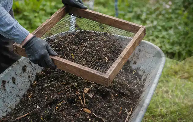 Behandschuhte Hände sieben reifen Kompost über einer Gartenschubkarre; Thema Kiwi, Schwerpunkt Lagerung; Kontrolle.