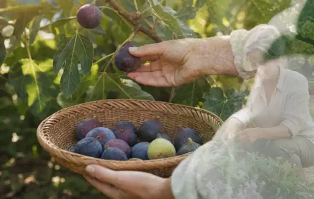 Hand pflückt eine reife Feige über einem flachen Korb mit Früchten; Thema Kiwi, Schwerpunkt Pflanzenschutz; Ausgangslage.