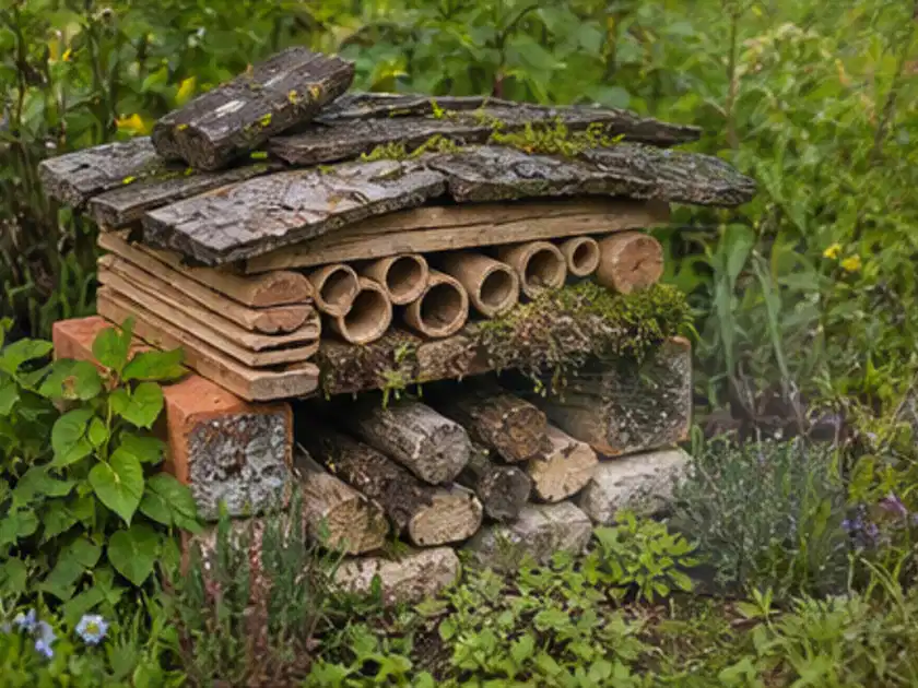 Naturnaher Unterschlupf aus Holz Rinde und Pflanzenstängeln im Garten; Thema Kleingarten, Schwerpunkt Anleitung; Titelbild.