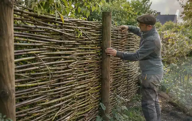 Person befestigt geflochtene Weidenruten an stabilen Holzpfosten im Garten; Thema Kleingarten, Schwerpunkt Anleitung; Ergebnis.