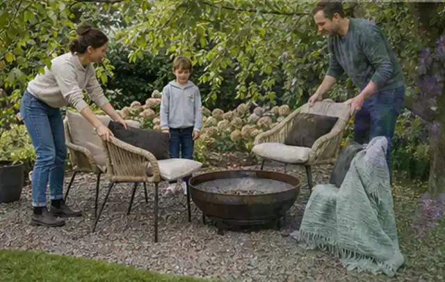 Familie stellt wetterfeste Sessel an einem geschützten Sitzplatz im Garten auf; Thema Kleingarten, Schwerpunkt Anleitung; Praxisalltag.