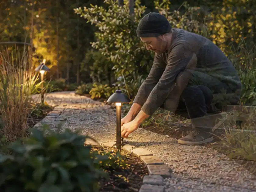 Person richtet eine niedrige warm leuchtende Gartenlampe am Kiesweg aus; Thema Kleingarten, Schwerpunkt Beleuchtung; Titelbild.