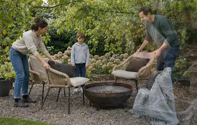 Familie stellt wetterfeste Sessel an einem geschützten Sitzplatz im Garten auf; Thema Kleingarten, Schwerpunkt Beleuchtung; Kontrolle.