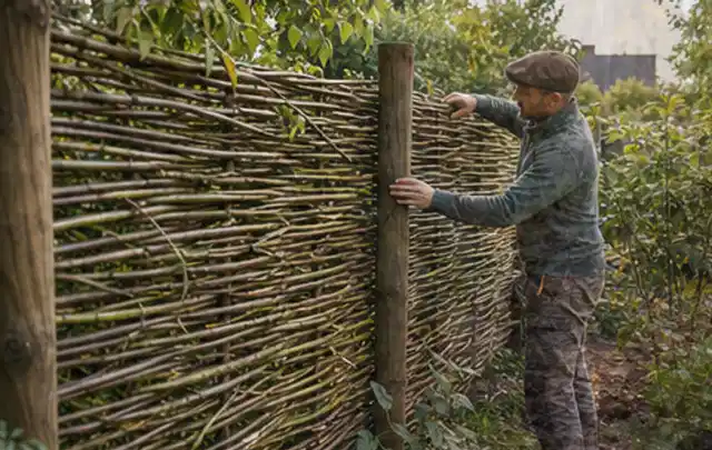 Person befestigt geflochtene Weidenruten an stabilen Holzpfosten im Garten; Thema Kleingarten, Schwerpunkt Beleuchtung; Ergebnis.