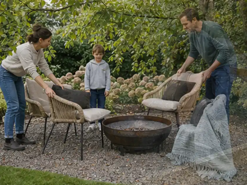 Familie stellt wetterfeste Sessel an einem geschützten Sitzplatz im Garten auf; Thema Kleingarten, Schwerpunkt Bepflanzung; Titelbild.