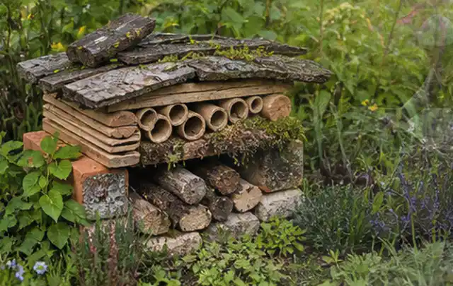 Naturnaher Unterschlupf aus Holz Rinde und Pflanzenstängeln im Garten; Thema Kleingarten, Schwerpunkt Bepflanzung; Umsetzung.
