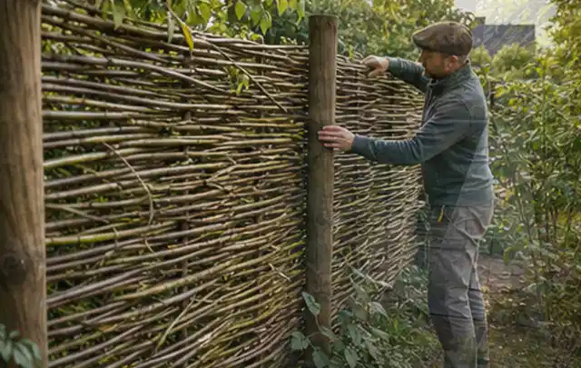 Person befestigt geflochtene Weidenruten an stabilen Holzpfosten im Garten; Thema Kleingarten, Schwerpunkt Bepflanzung; Ergebnis.