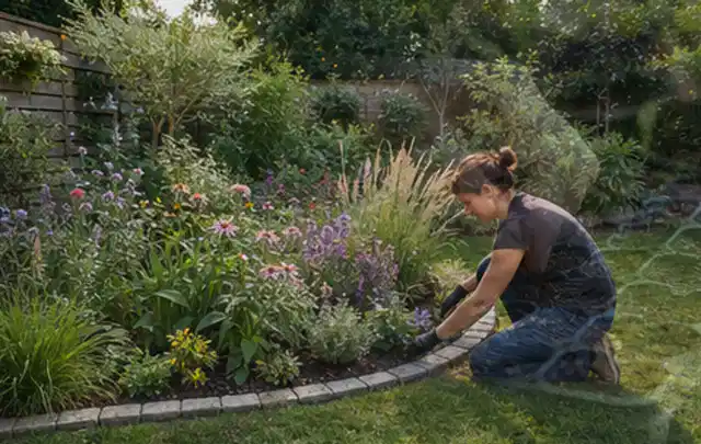 Person pflegt die klare Kante eines geschwungenen blühenden Staudenbeets; Thema Kleingarten, Schwerpunkt Bepflanzung; Praxisalltag.