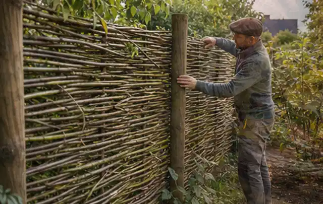 Person befestigt geflochtene Weidenruten an stabilen Holzpfosten im Garten; Thema Kleingarten, Schwerpunkt Checkliste; Ergebnis.