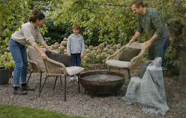 Familie stellt wetterfeste Sessel an einem geschützten Sitzplatz im Garten auf; Thema Kleingarten, Schwerpunkt Fehlerhilfe; Ausgangslage.