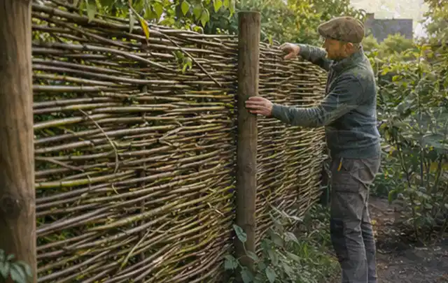 Person befestigt geflochtene Weidenruten an stabilen Holzpfosten im Garten; Thema Kleingarten, Schwerpunkt Fehlerhilfe; Kontrolle.