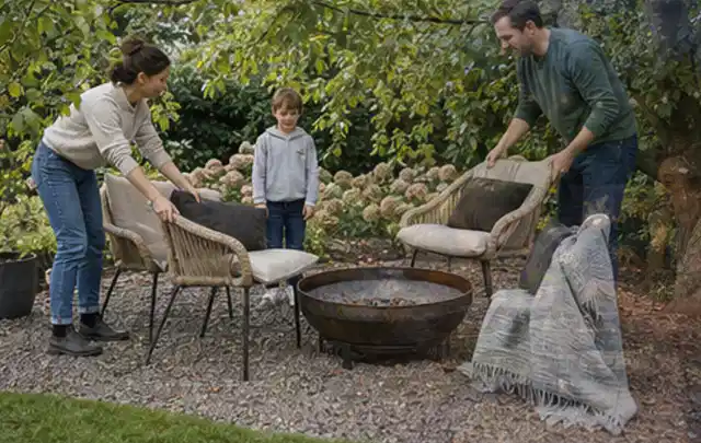 Familie stellt wetterfeste Sessel an einem geschützten Sitzplatz im Garten auf; Thema Kleingarten, Schwerpunkt Gärten mit kleiner Fläche; Ergebnis.