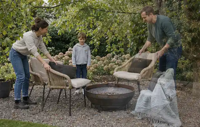 Familie stellt wetterfeste Sessel an einem geschützten Sitzplatz im Garten auf; Thema Kleingarten, Schwerpunkt Garten gestalten; Umsetzung.