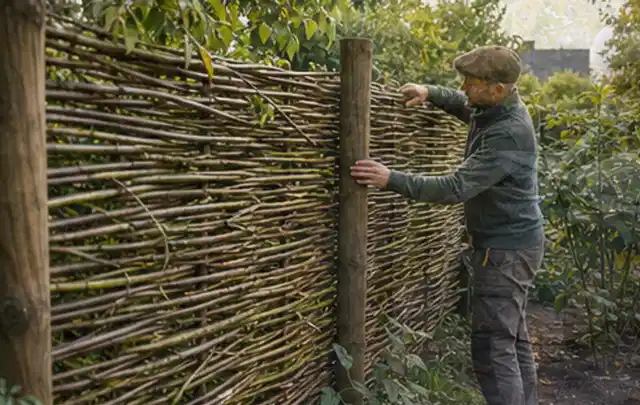 Person befestigt geflochtene Weidenruten an stabilen Holzpfosten im Garten; Thema Kleingarten, Schwerpunkt Hanglage; Ergebnis.