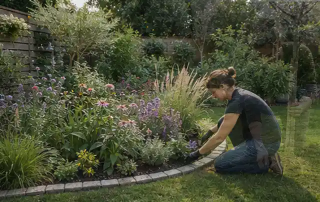 Person pflegt die klare Kante eines geschwungenen blühenden Staudenbeets; Thema Kleingarten, Schwerpunkt Inspiration; Ausgangslage.