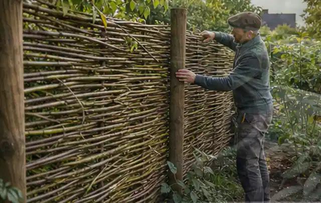 Person befestigt geflochtene Weidenruten an stabilen Holzpfosten im Garten; Thema Kleingarten, Schwerpunkt Inspiration; Umsetzung.