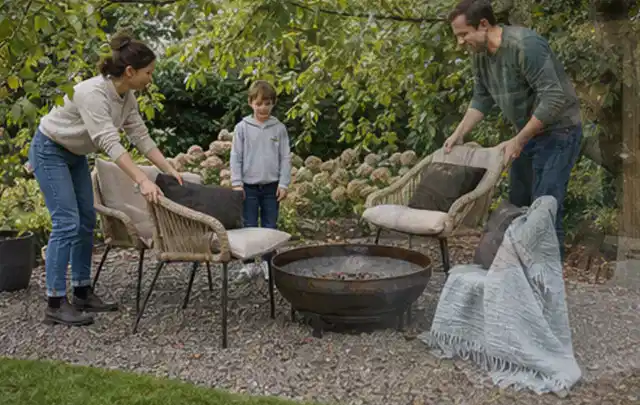 Familie stellt wetterfeste Sessel an einem geschützten Sitzplatz im Garten auf; Thema Kleingarten, Schwerpunkt Inspiration; Kontrolle.