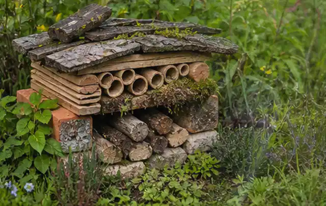 Naturnaher Unterschlupf aus Holz Rinde und Pflanzenstängeln im Garten; Thema Kleingarten, Schwerpunkt Inspiration; Praxisalltag.