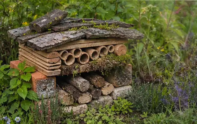 Naturnaher Unterschlupf aus Holz Rinde und Pflanzenstängeln im Garten; Thema Kleingarten, Schwerpunkt Kosten; Umsetzung.