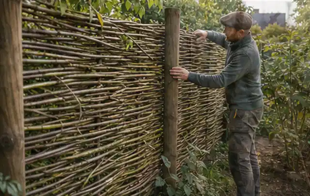 Person befestigt geflochtene Weidenruten an stabilen Holzpfosten im Garten; Thema Kleingarten, Schwerpunkt Kosten; Praxisalltag.