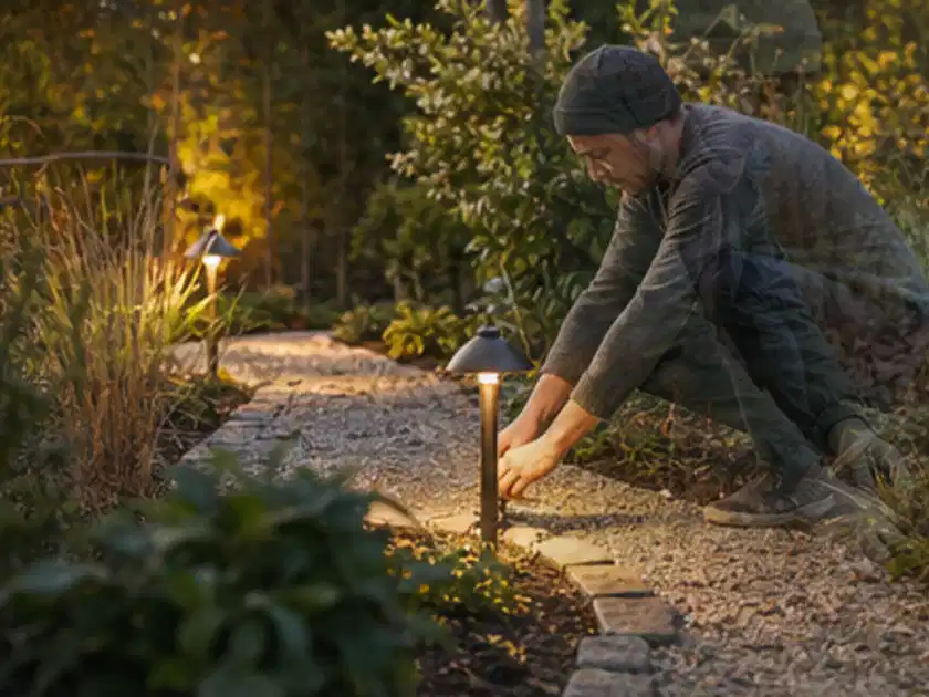Person richtet eine niedrige warm leuchtende Gartenlampe am Kiesweg aus; Thema Kleingarten, Schwerpunkt Materialwahl; Titelbild.