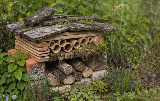 Naturnaher Unterschlupf aus Holz Rinde und Pflanzenstängeln im Garten; Thema Kleingarten, Schwerpunkt Materialwahl; Ausgangslage.