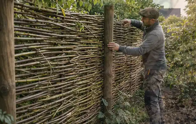 Person befestigt geflochtene Weidenruten an stabilen Holzpfosten im Garten; Thema Kleingarten, Schwerpunkt Materialwahl; Ergebnis.