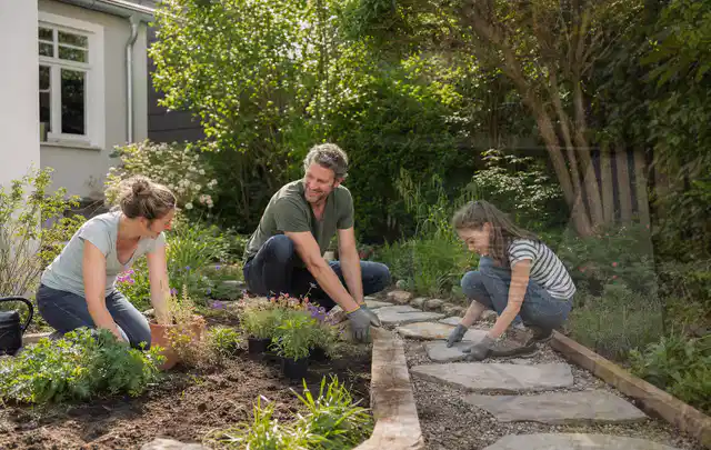 Familie geht auf einem Weg durch einen abwechslungsreich gestalteten Garten; Thema Kleingarten, Schwerpunkt Materialwahl; Praxisalltag.