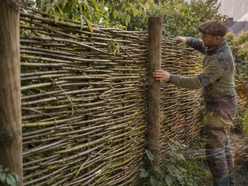 Person befestigt geflochtene Weidenruten an stabilen Holzpfosten im Garten; Thema Kleingarten, Schwerpunkt Naturgarten; Titelbild.