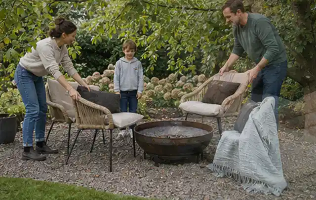 Familie stellt wetterfeste Sessel an einem geschützten Sitzplatz im Garten auf; Thema Kleingarten, Schwerpunkt Naturgarten; Umsetzung.