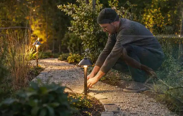 Person richtet eine niedrige warm leuchtende Gartenlampe am Kiesweg aus; Thema Kleingarten, Schwerpunkt Naturgarten; Kontrolle.