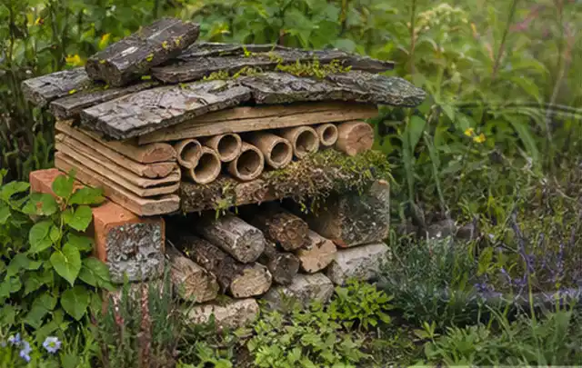 Naturnaher Unterschlupf aus Holz Rinde und Pflanzenstängeln im Garten; Thema Kleingarten, Schwerpunkt Naturgarten; Ergebnis.