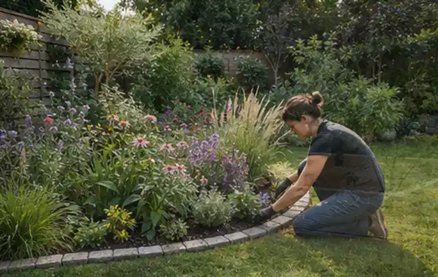 Person pflegt die klare Kante eines geschwungenen blühenden Staudenbeets; Thema Kleingarten, Schwerpunkt Naturgarten; Praxisalltag.