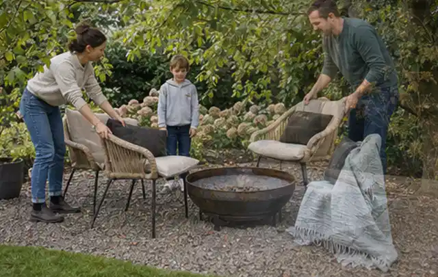 Familie stellt wetterfeste Sessel an einem geschützten Sitzplatz im Garten auf; Thema Kleingarten, Schwerpunkt Pflegeleichtigkeit; Ausgangslage.