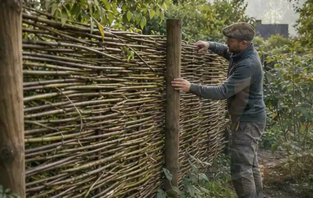 Person befestigt geflochtene Weidenruten an stabilen Holzpfosten im Garten; Thema Kleingarten, Schwerpunkt Pflegeleichtigkeit; Praxisalltag.