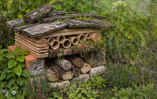 Naturnaher Unterschlupf aus Holz Rinde und Pflanzenstängeln im Garten; Thema Kleingarten, Schwerpunkt Planung; Praxisalltag.